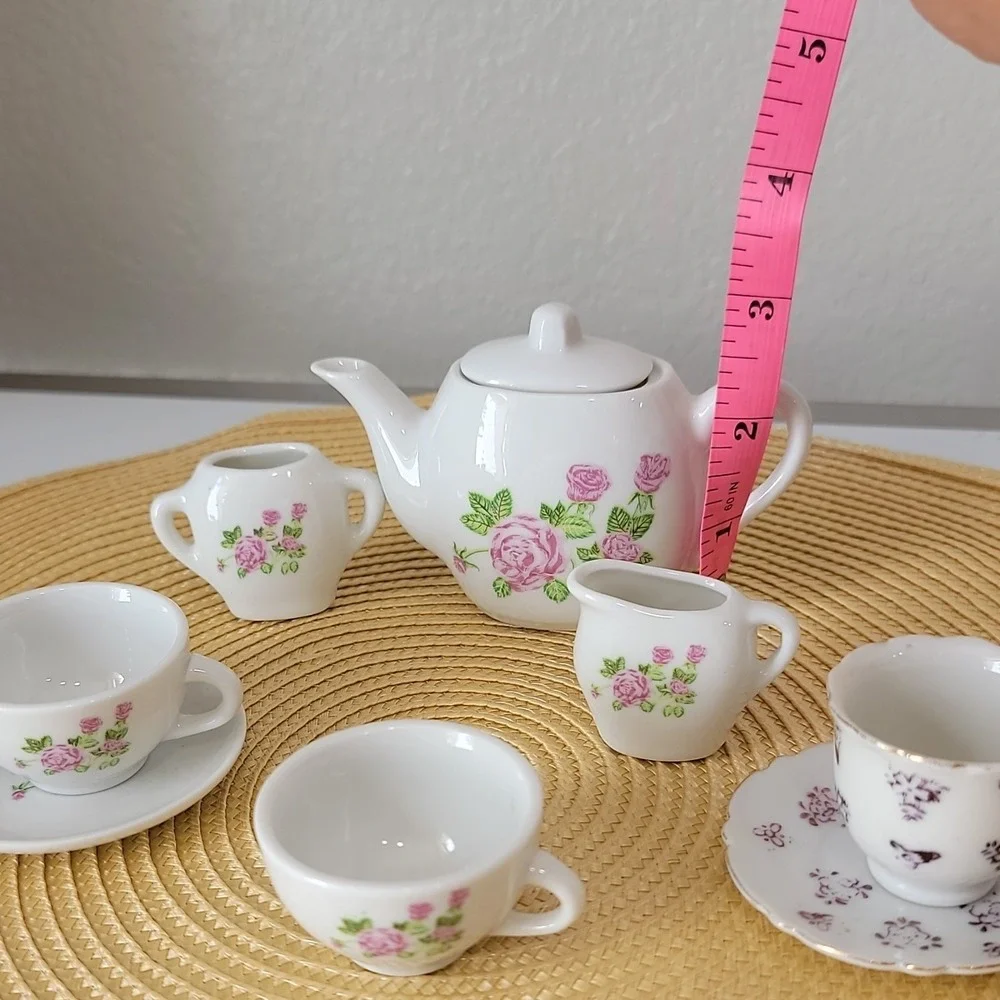 Vintage Miniature Porcelain Tea Set with Pink Rose Pattern